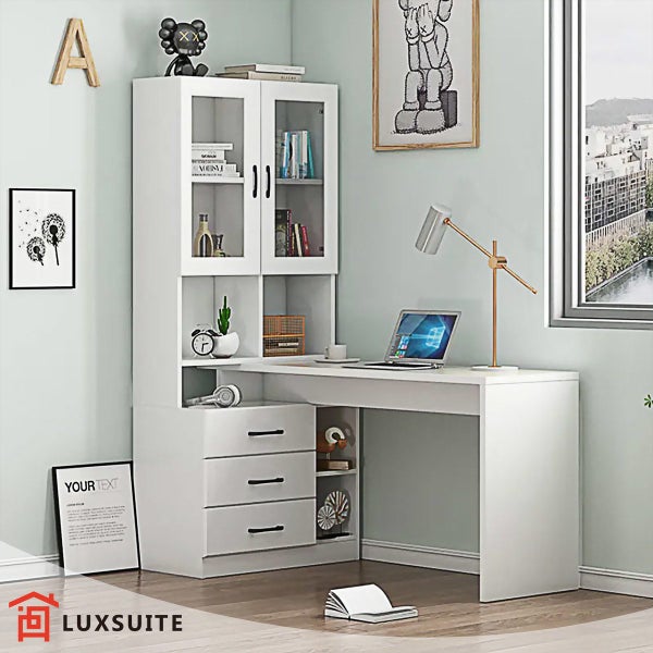 Computer Desk Bookcase Office Study Writing Laptop Table Shelving White Carousel 2