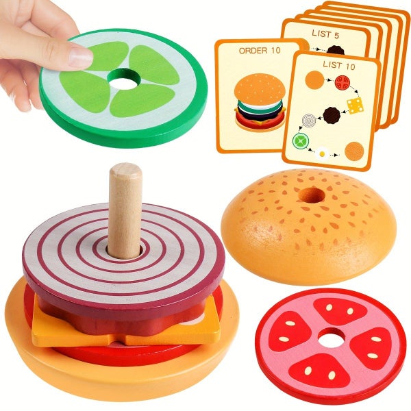 Montessori Toys Wooden Burger Sorting Stacking Toys For Toddlers Preschool Educa Carousel 2