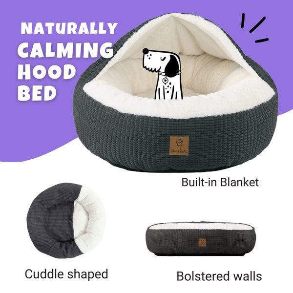 Charlie's Snookie Hooded Calming Dog Bed Charcoal Extra Large Carousel 2