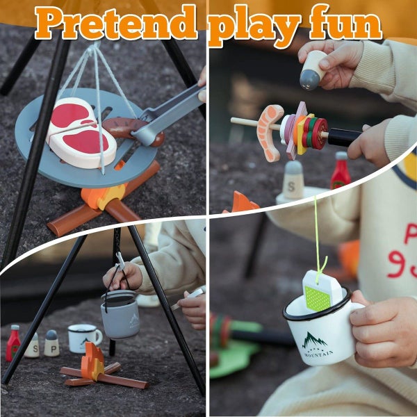 Wooden Camp Toys Set for Kids, 45 Pieces Camping Equipment and Bonfire Grill Carousel 2