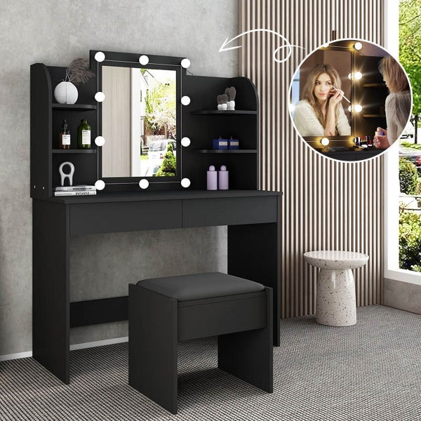Modern Dressing Table Makeup Desk Vanity Table Stool Set with LED Lights Mirror Carousel 14