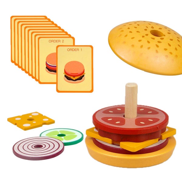 Wooden Sandwich Stacking Toys, Montessori Toys with Flash Cards Burger Food Ear Carousel 2