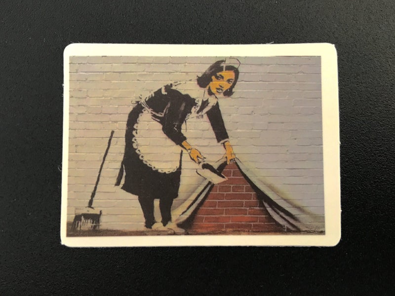 ** BANKSY ART ** 1 x Sticker - Maid Sweeping it under carpet (5cm) Carousel 1
