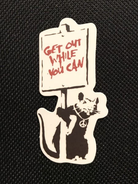 ** BANKSY ART ** 1 x Sticker - Rat with Sign ‘Get Out While You Can’ (6.3cm) Carousel 1