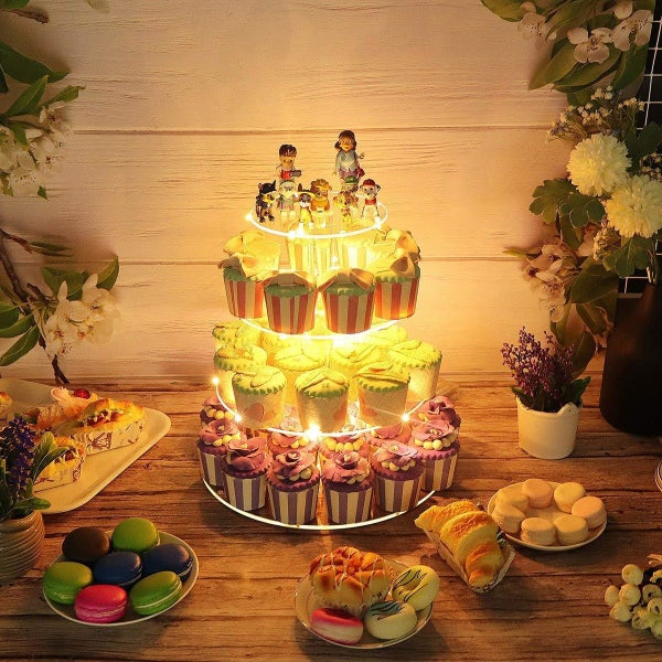 Cupcake Stand 4 Tier Acrylic Cake Dessert Pastry Display Holder LED String Light Carousel 11