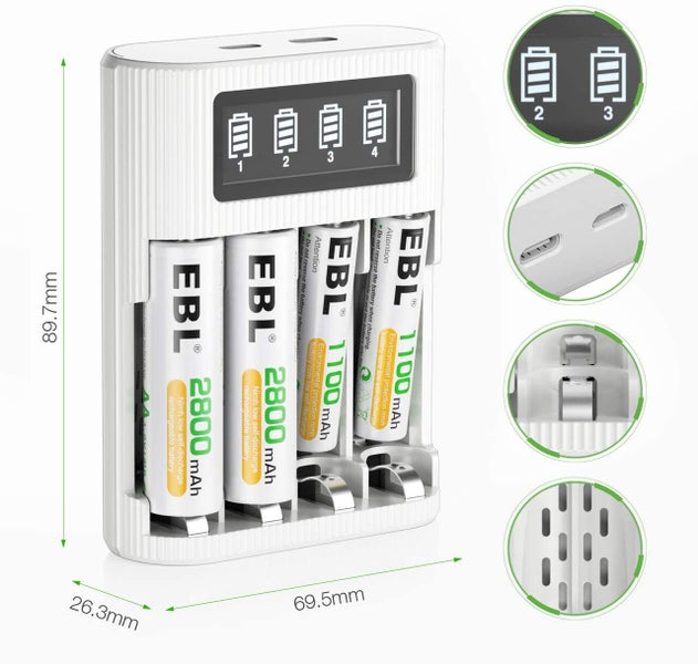 8Pcs EBL 2800mAh AA Rechargeable Batteries + 4-Bay 2A USB AA AAA Battery Charger Carousel 12
