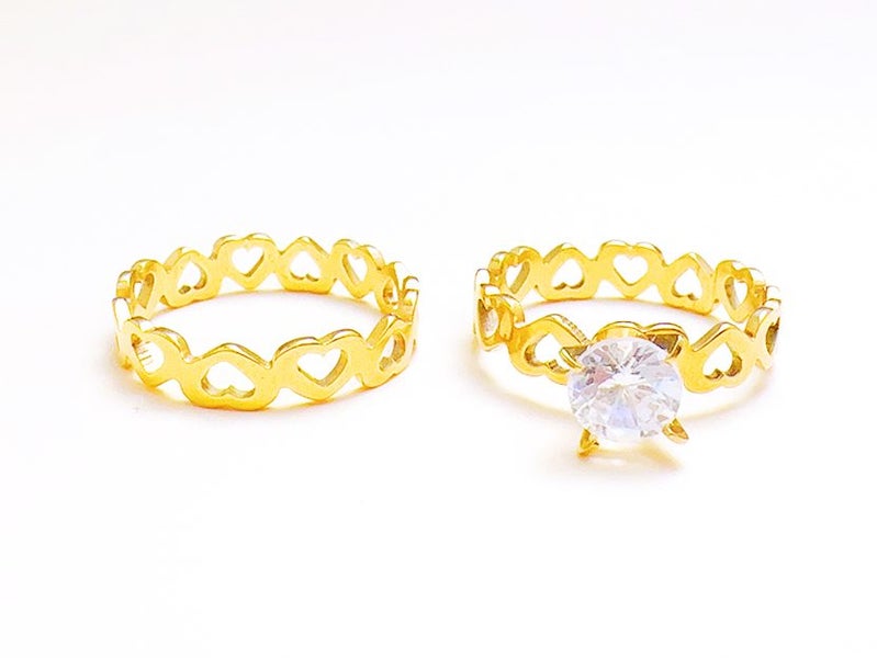 Gold Plated Stainless Steel Couple Rings with Hollow Heart & Zirconia Carousel 1