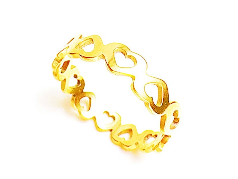 Gold Plated Stainless Steel Couple Rings with Hollow Heart & Zirconia Carousel 8