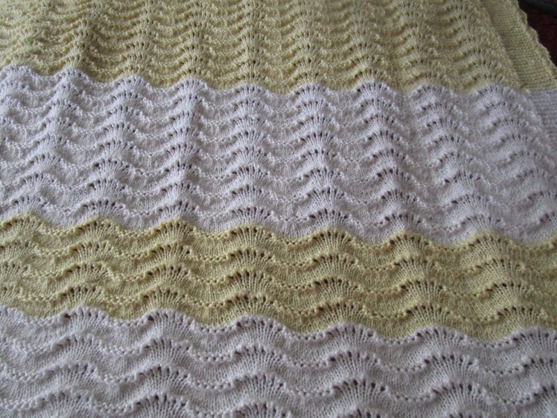 Pale cream and yellow Feather and Fans Baby Shawl/blanket 3 ply ** Carousel 2