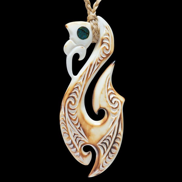 Large Flame Brushed Manaia Matau, handcrafted bone pendant Carousel 1