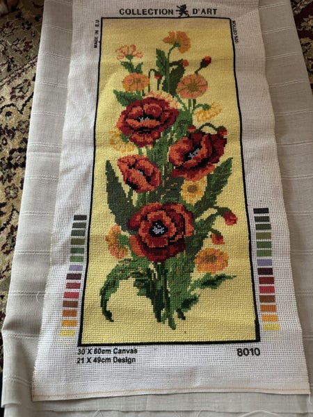 COMPLETED ORANGE RED AND GOLDS POPPY CROSS STITCH READY FOR FRAMING 21 X 49 Carousel 2