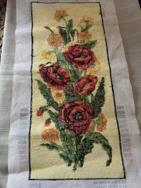 COMPLETED ORANGE RED AND GOLDS POPPY CROSS STITCH READY FOR FRAMING 21 X 49 Carousel 3