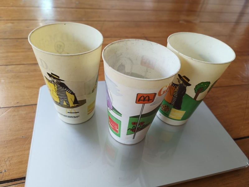Old McDonalds plastic cups x 3 Ronald & friends, Hamburglar & Grimace Carousel 2