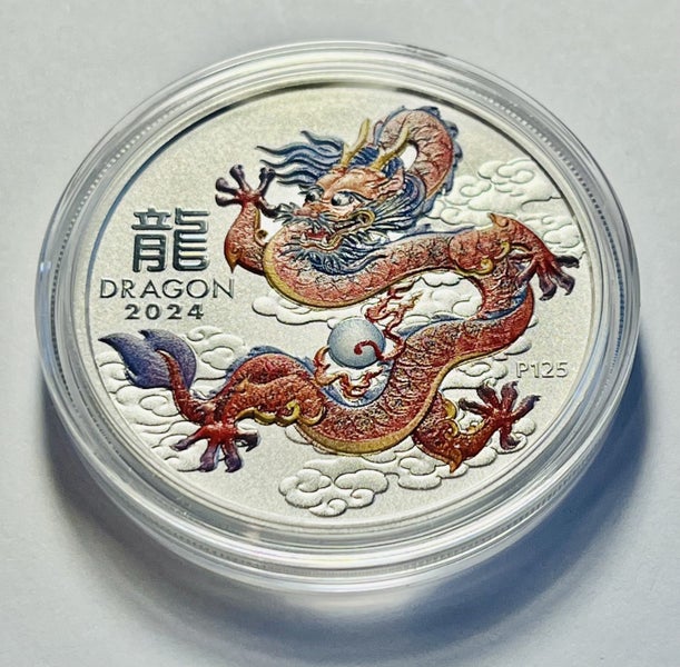 2024 1oz Perth Mint Lunar Dragon- Red Dragon .9999 Silver Coloured BU Coin Carousel 1