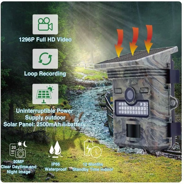 Hunting Trailcam Game cam HD Night Vision 32GB Rechargeable Solar WITH SCREEN62956661033986114