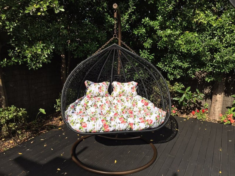 Double Hanging Rattan Swing Patio Garden Chair Weave Carousel 4