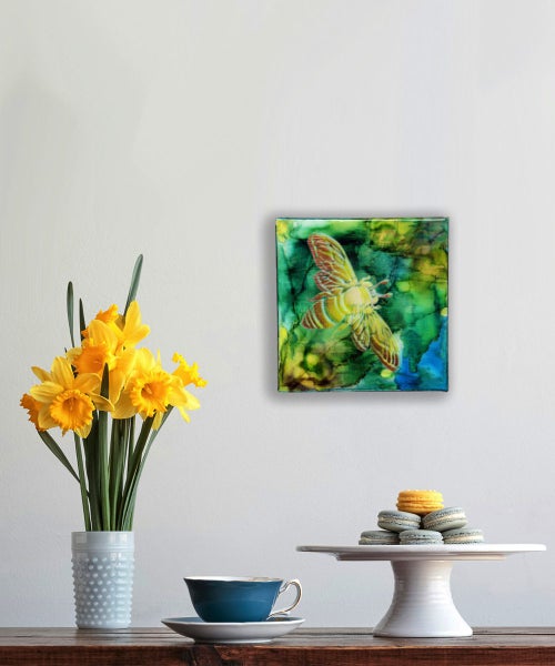 Honey Bee Line Painting green gold art 25x25cm box canvas NZ artist J Stirling Carousel 1
