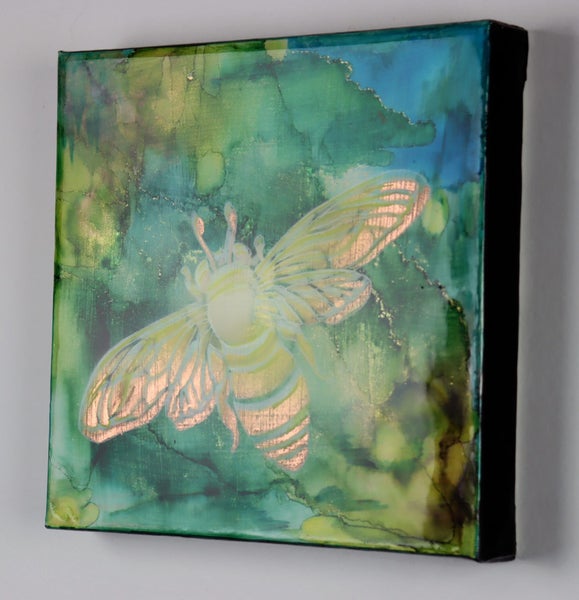 Honey Bee Line Painting green gold art 25x25cm box canvas NZ artist J Stirling Carousel 2