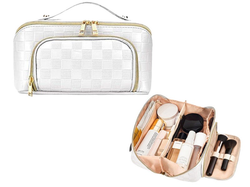 PU Leather Water-Resistant Checkered Cosmetic Bag Travel Makeup Bag White Carousel 1
