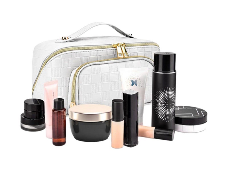 PU Leather Water-Resistant Checkered Cosmetic Bag Travel Makeup Bag White Carousel 7