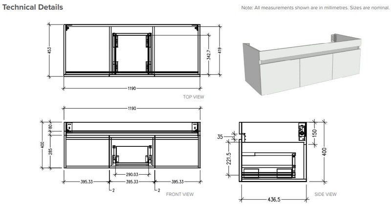 1200 LEXA WALL HUNG LEFT HAND OFFSET VIA BASIN IN DAWN GREY - EX DISPLAY Carousel 2
