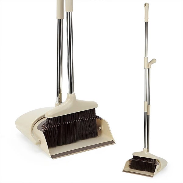 CLEANFOK Height Adjustable Broom and Dustpan Set - Khaki Carousel 1
