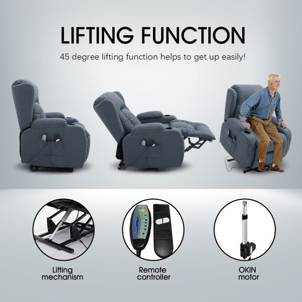 Recliner Chair Electric Massage Chair Lift Heated Fabric Lounge Sofa Grey Blue Carousel 2