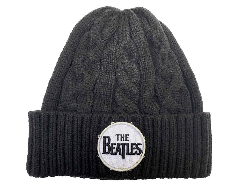 The Beatles Beanie Hat Drum Band Logo Cable Knit new Official Black Unisex Carousel 1