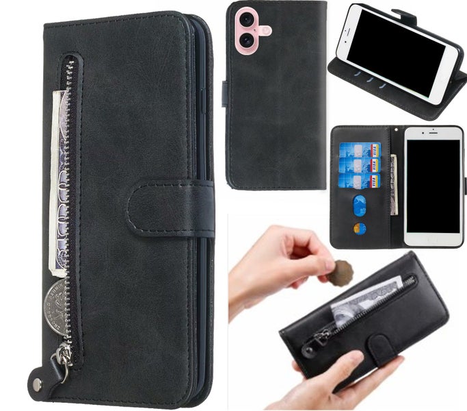 iphone 16 pu leather wallet case cowhide finish card zipper blk Carousel 1