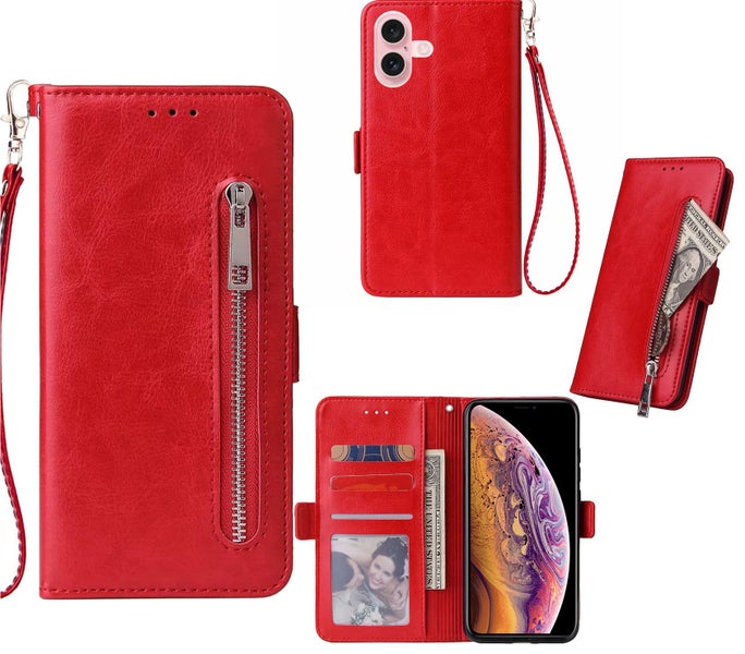 Iphone 17 PU leather wallet case card slots zip side magnet red Carousel 1