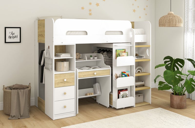 Hartford Single Loft Bunk - White / Oak, Desk, Drawers, Wardrobe & Shelving Carousel 1