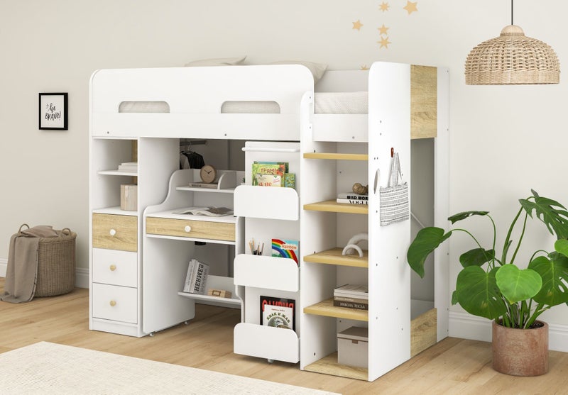Hartford Single Loft Bunk - White / Oak, Desk, Drawers, Wardrobe & Shelving Carousel 2