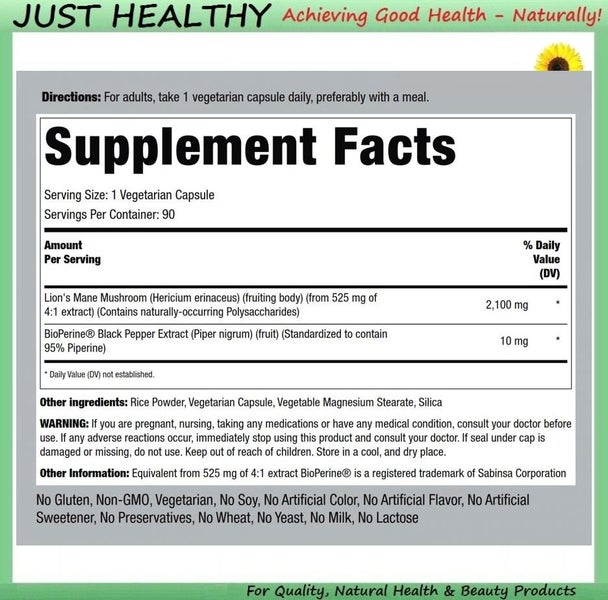 PR LION'S MANE MUSHROOM with BIOPERINE - 2,100 mg - 90 VEGE CAPS Carousel 2