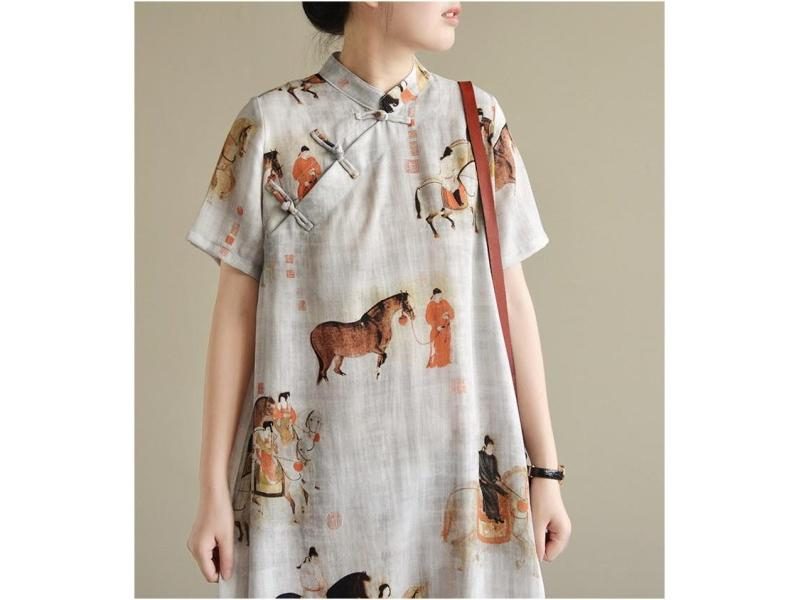 Chinese Women's Long Cheongsam Dress Linen Qipao Traditional Dress Carousel 1