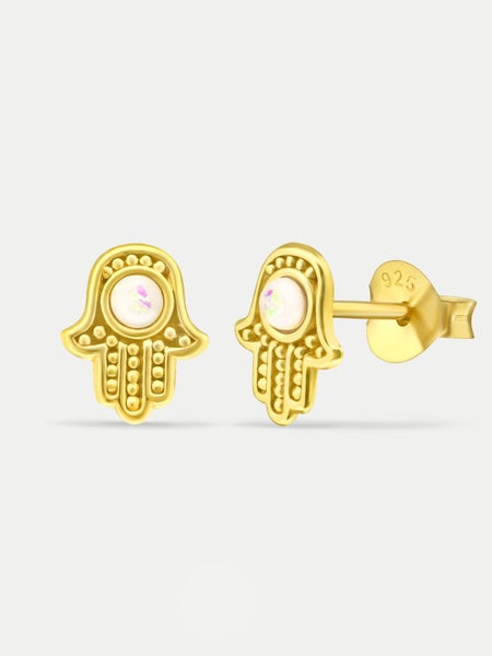 Sterling Silver Gold Plated Opal Hamsa Stud Earrings Carousel 2
