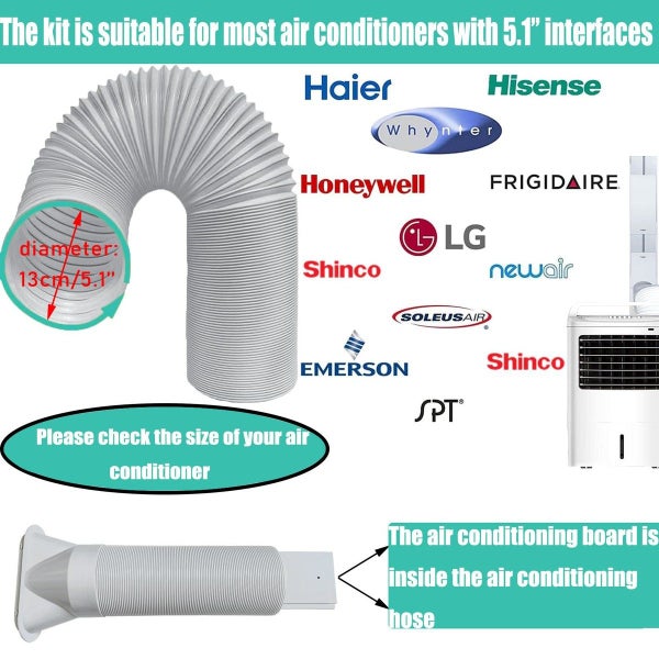 Portable AC Window Vent Kit 1.5m 5.1inch Exhaust Hose 130mm flat nozzle 1.3m of Carousel 7
