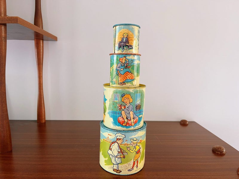 Vintage 1950’s Kitsch Metal Stacking Tins Nursery Rhymes Carousel 1