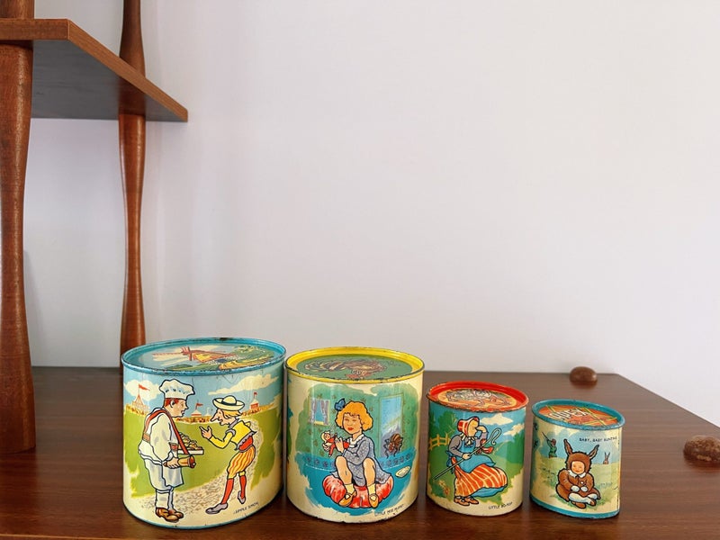 Vintage 1950’s Kitsch Metal Stacking Tins Nursery Rhymes Carousel 2