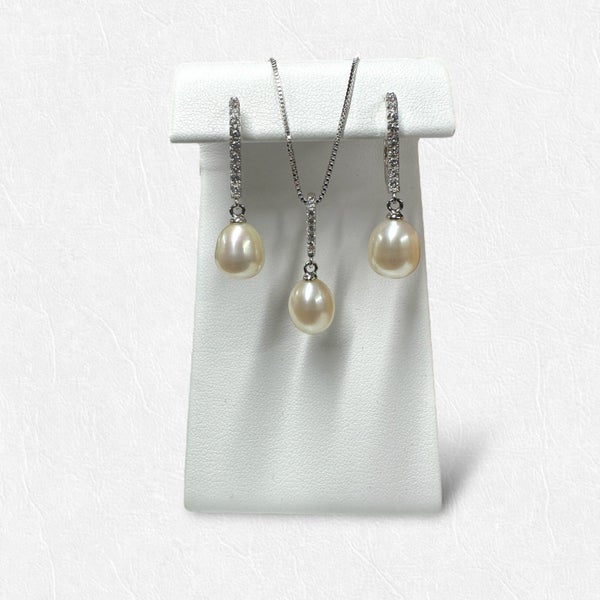 Eliza Sterling Silver Cultured Pearl and CZ Drop Pendant / Necklace Carousel 1