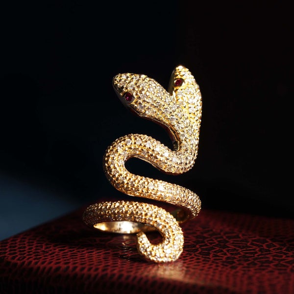 Vintage Inspired 18k Gold 2.36ctw Diamond and Ruby Dual Snake Serpent Ring Carousel 1