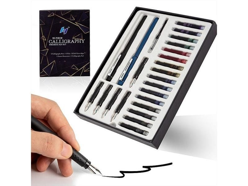 25 Piece Calligraphy Pen Writing Set 2 Fountain Pens 5 Nibs 16 Ink Cartridges Carousel 1