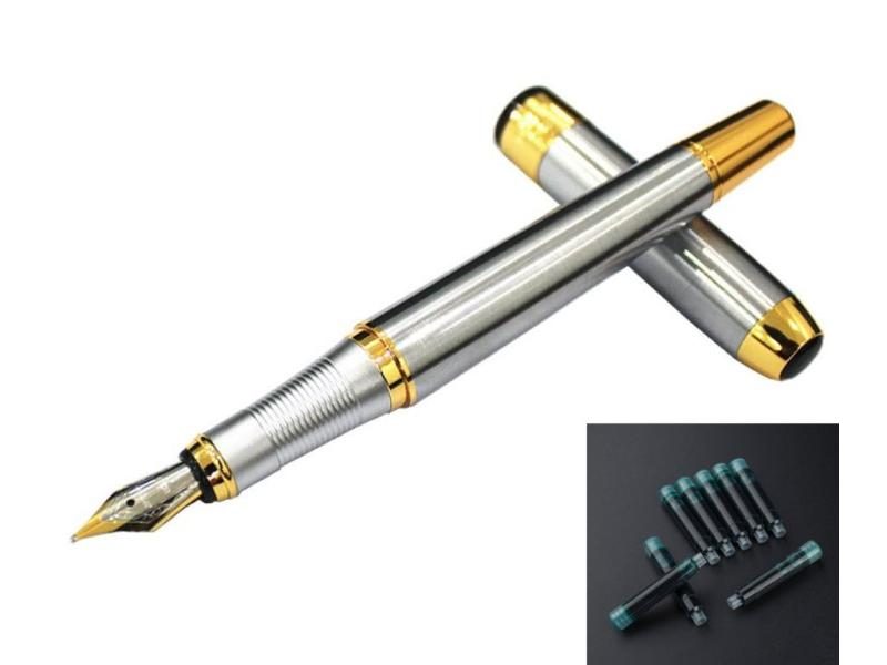 Jinhao 250 Stainless Steel Gold Trim Fountain Pen With 8Pcs Black Ink Refills Carousel 1