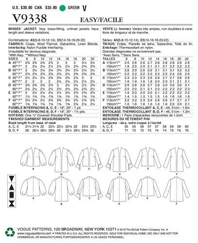 Vogue Pattern Misses' Jacket V9338 6-8-10-12-14 Carousel 2