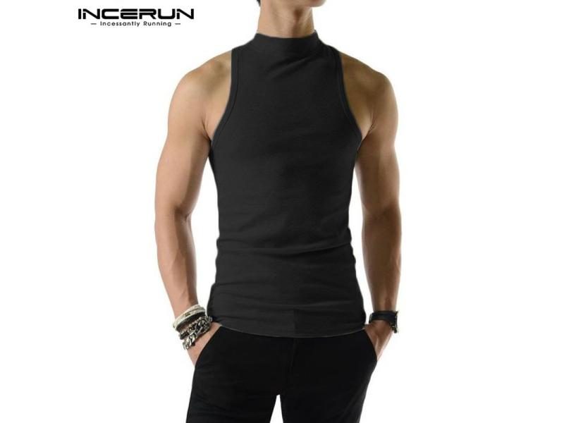 Men Tank Tops Solid Color Turtleneck Sleeveless Knitted Casual Vests Summer Carousel 1