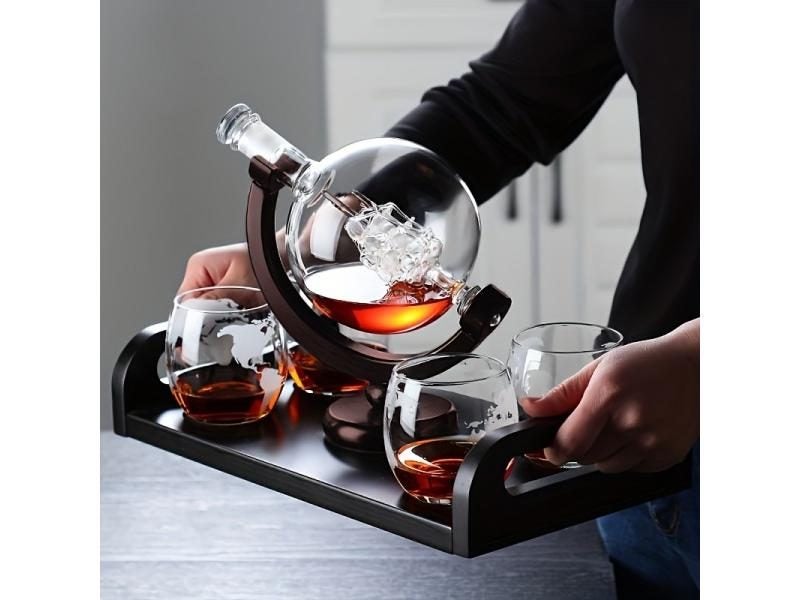 Creative Globe Decanter Set With Lead-free Carafe Exquisite Wood-stand And 2 Carousel 1