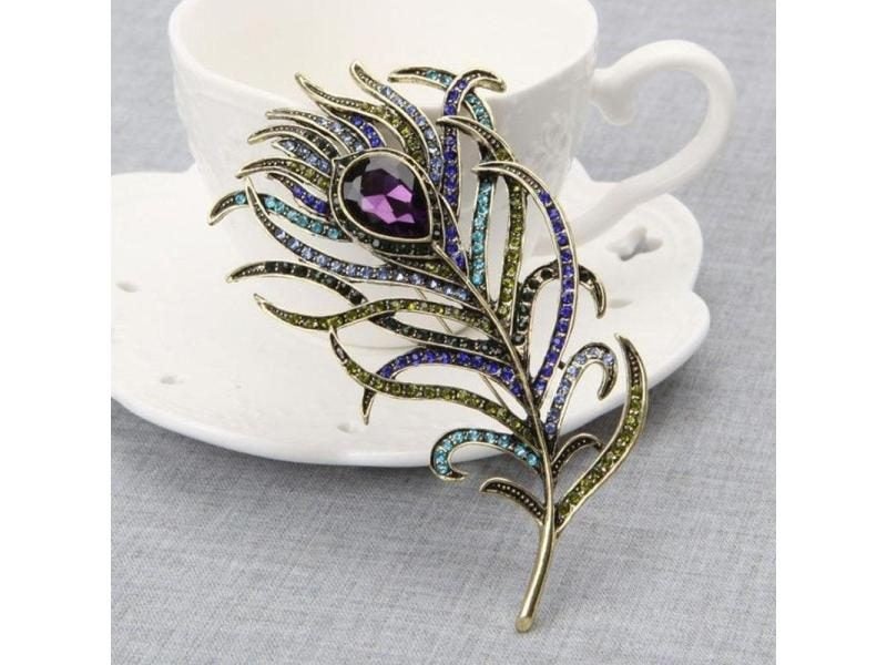 Peacock Feather Jewelry Vintage Golden Multi-color Rhinestone Brooch Pins Carousel 2