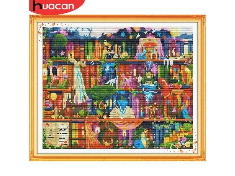 HUACAN Cross Stitch Bookshelf Scenery Needlework Set 14CT 40x50cm Carousel 2