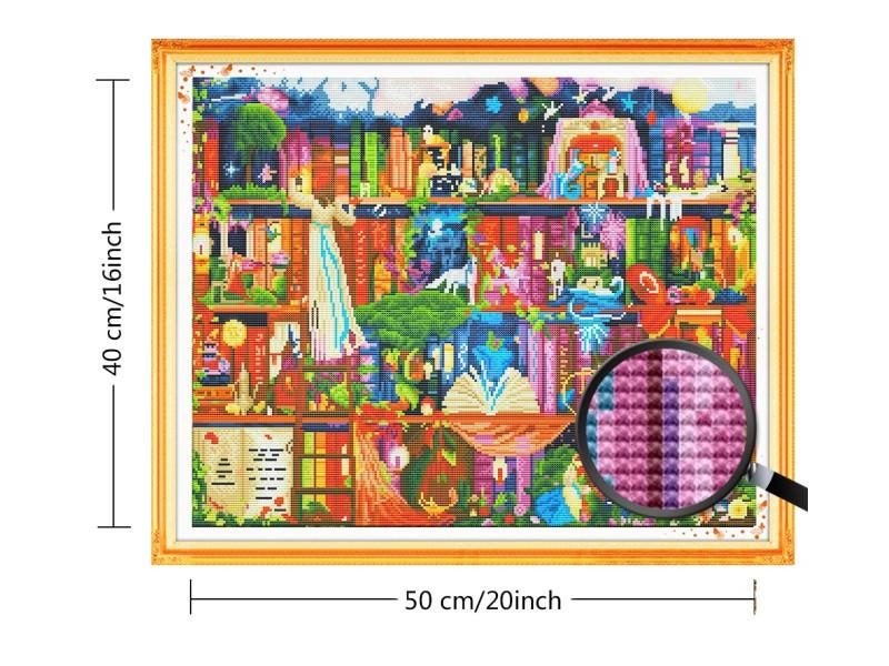 HUACAN Cross Stitch Bookshelf Scenery Needlework Set 14CT 40x50cm Carousel 1