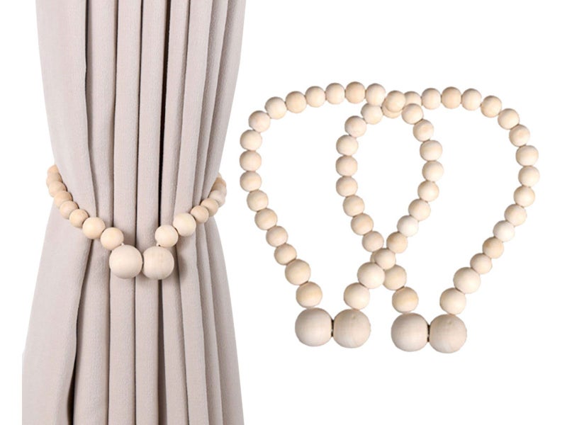 2 X 49CM Magnetic Curtain Tieback Boho Wooden Bead Rope Curtain Ties Carousel 1