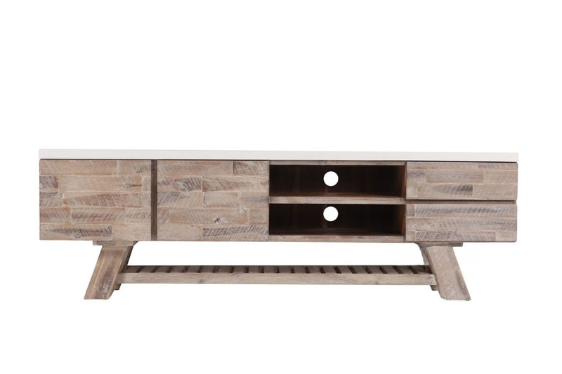 ANTON 1.8M White Concrete on Solid Acacia Wood Entertainment Unit Carousel 1